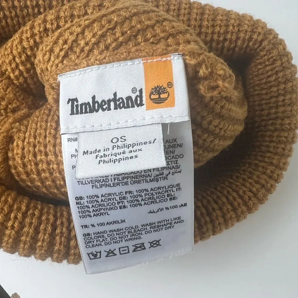 TIMBERLAND Est. 1973 KNIT BEANIE WINTER HAT Wheat Brown with Leather Patch NWT!